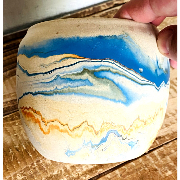 Vintage Nemadji Blue Orange Swirl Studio Art Pottery Vase 4" Tall x 4.75" Wide - Picture 5 of 7